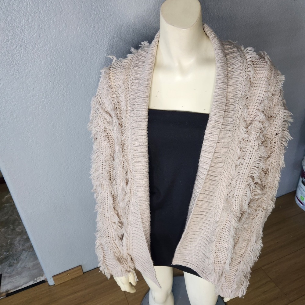 STORIA Shaggy Boho Western Anthro Vibe Fringe Cardigan Sweater Beige - Size S